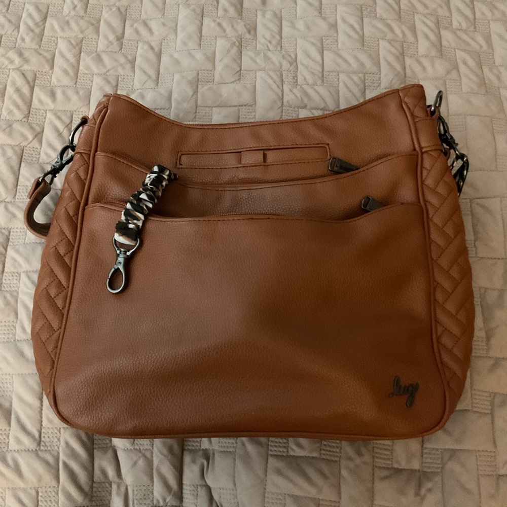 Lug Shoulder Bag Brown Faux Leather Zebra Strap Crossbody EUC